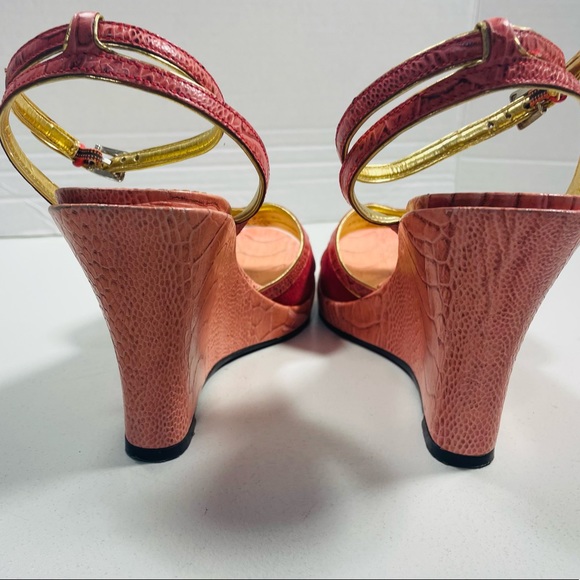 Franco Sarto Red and Pink Faux Snakeskin Ankle Wrap Wedges 8 - Picture 9 of 12
